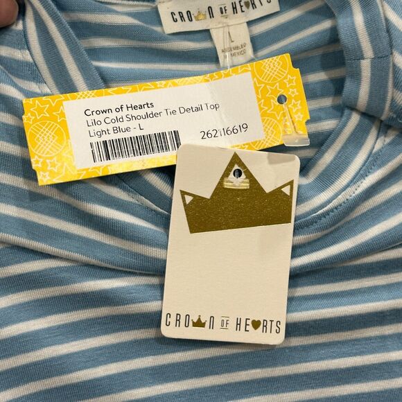 Crown of Hearts Light Blue Striped Cold Shoulder Tie Detail Top Girls L - Picture 5 of 6